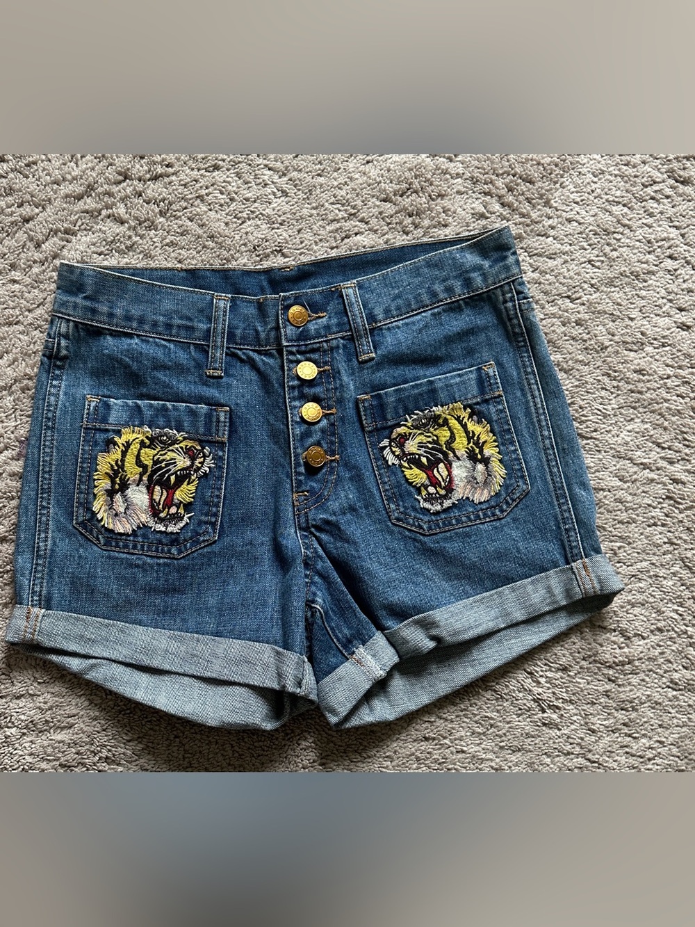 Gucci Blue Denim High Waist Shorts with Tiger Patch
